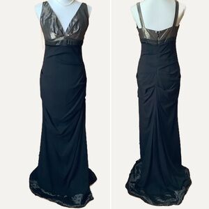 NICOLE MILLER Metallic Bronze/Black Silk Plunge Formal Gown